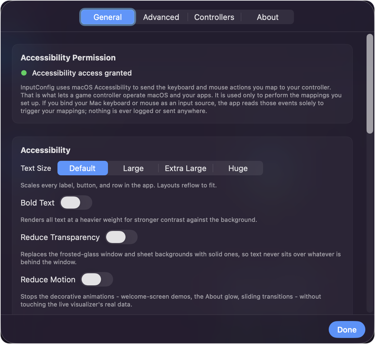 InputConfig's Settings sheet on the General tab, showing Accessibility access granted, and the Accessibility section with Text Size (Default, Large, Extra Large, Huge), Bold Text, Reduce Transparency, and Reduce Motion switches