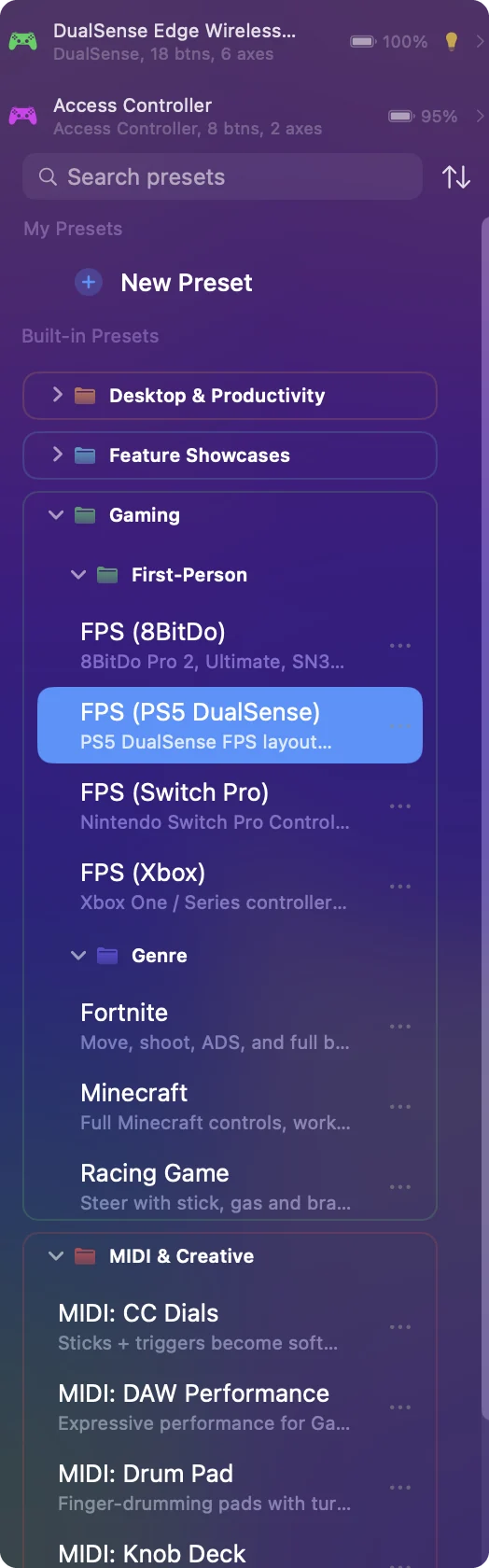 The InputConfig sidebar with the Built-in Presets folders open: Desktop and Productivity, Gaming with First-Person and Genre inside, MIDI and Creative, and Feature Showcases.