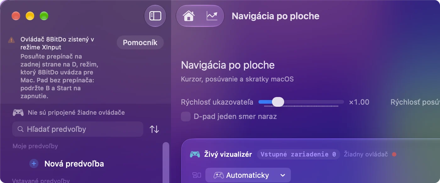 Hlavné okno InputConfig s poznámkou, že ovládač 8BitDo bol rozpoznaný v režime X, a režimom, ktorý treba pre ten model použiť.