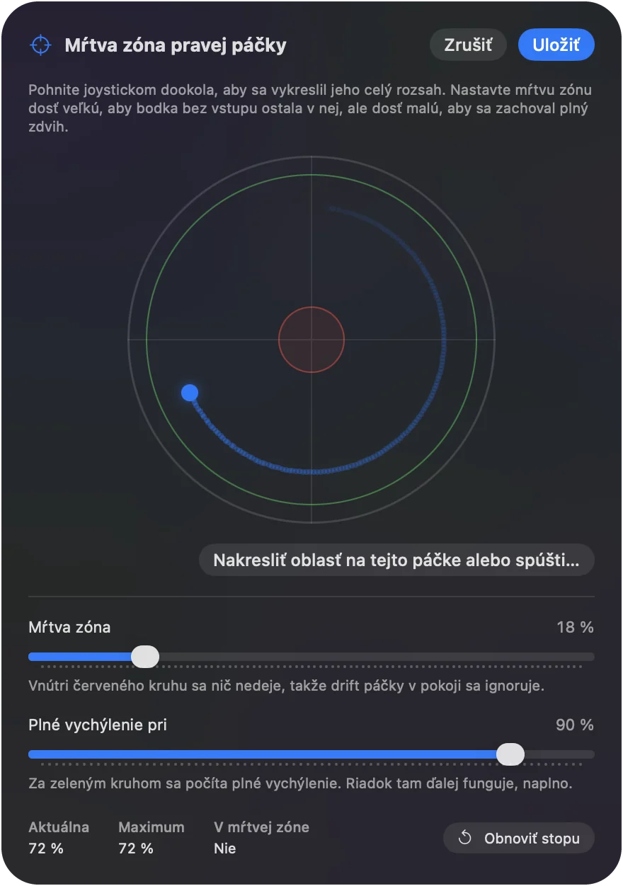 Kalibrátor mŕtvej zóny so širokou Deadzone a krátko nastavenou Full push at.