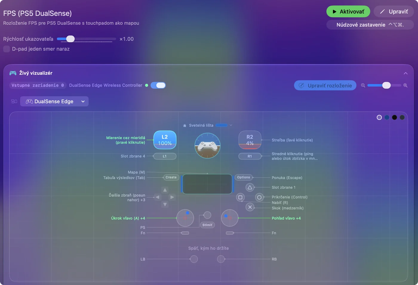 Live Visualizer v InputConfig zobrazujúci DualSense Edge s rozložením pre FPS: spúšťače, tlačidlá, dotykový panel a páčky označené svojimi klávesmi