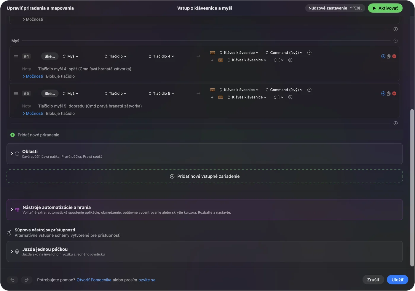 Riadok v InputConfig pre bočné tlačidlo myši, ktorý posiela skratku späť.