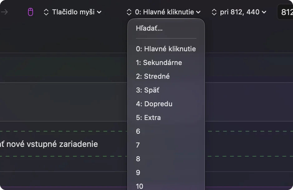 Ponuka výstupu Mouse Button v InputConfig so zoznamom číslovaných tlačidiel myši.
