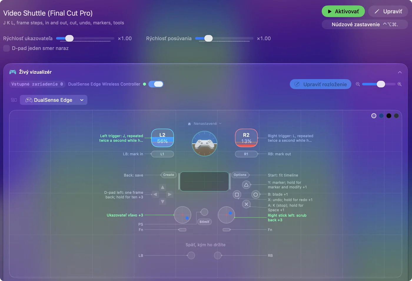 Predvoľba Video Shuttle pre Final Cut Pro v Live Visualizer, s J a L na spúšťačoch, značkou začiatku a konca na bumperoch, strihom, vrátením späť a značkou na tlačidlách na prednej strane.