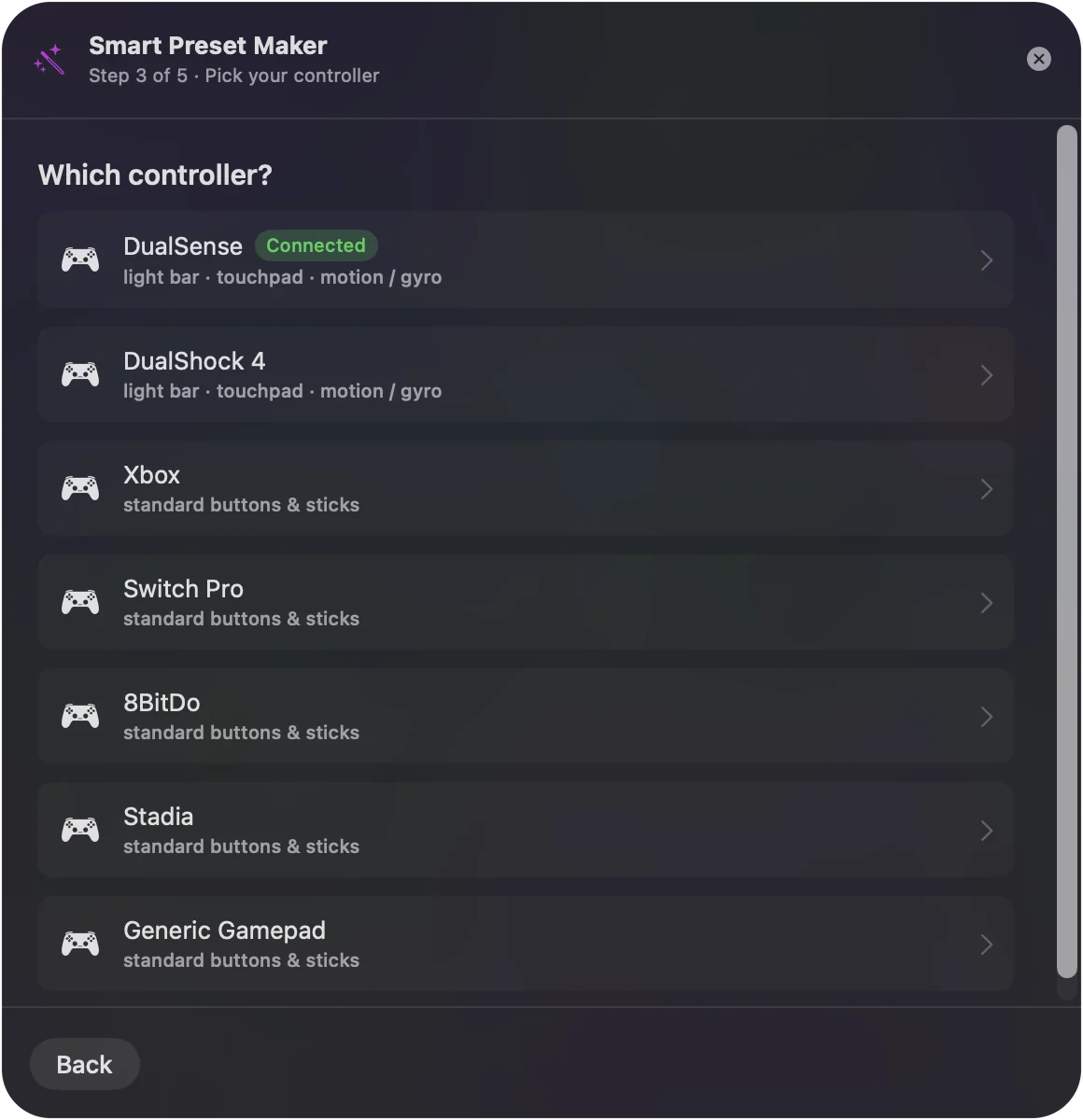 Der Smart Preset Maker von InputConfig mit Minecraft im Suchfeld und einem gewählten Controller.