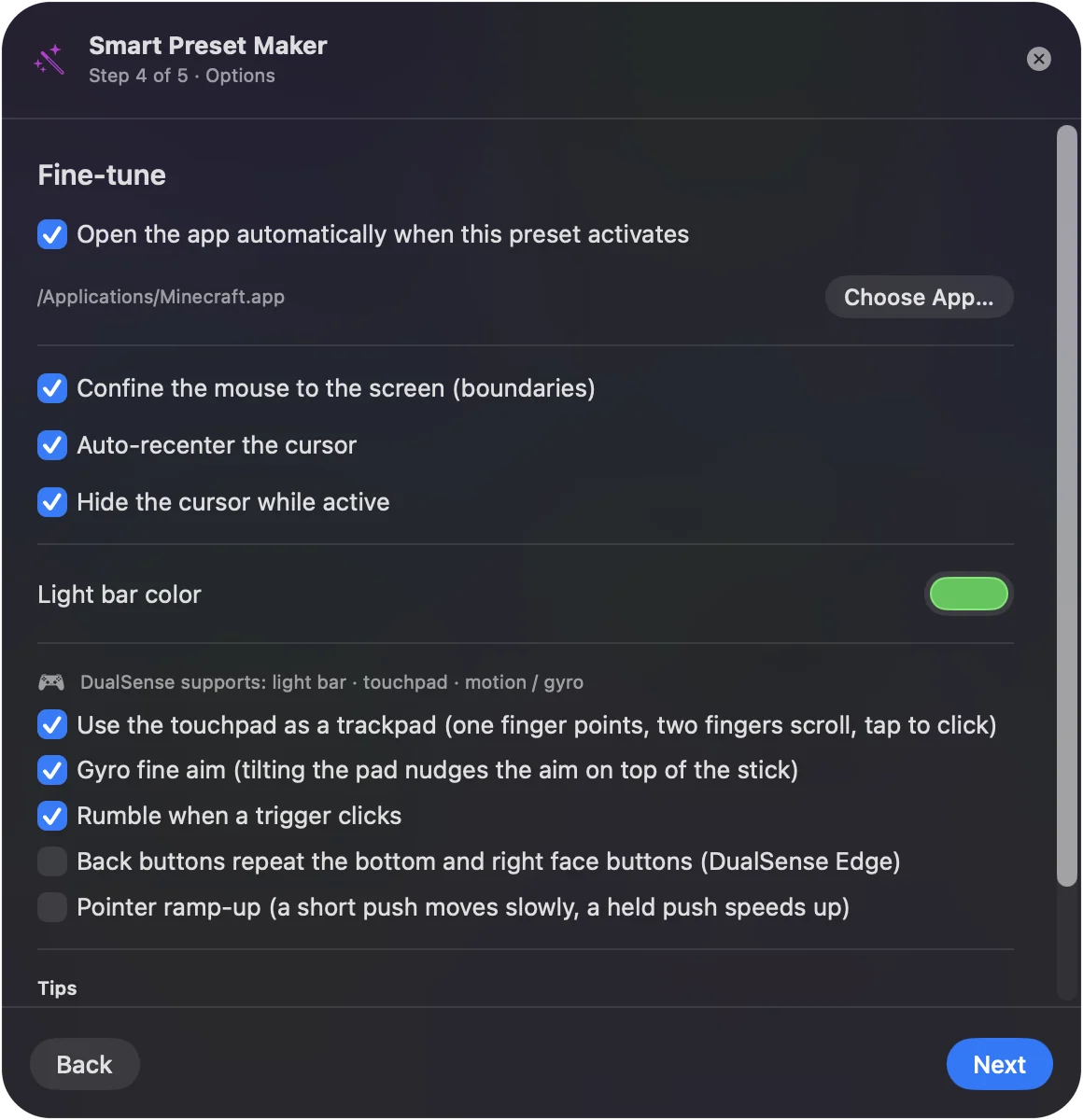 The Smart Preset Maker options with a Light bar color picker and a Rumble when a trigger clicks switch.
