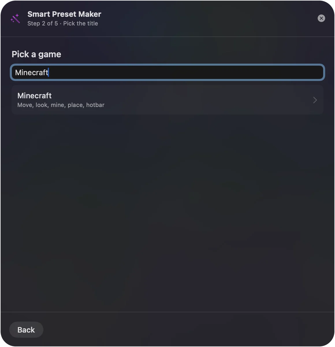InputConfig’deki Smart Preset Maker, arama alanına bir oyun adı yazılmış ve altında hazır düzeni listelenmiş.