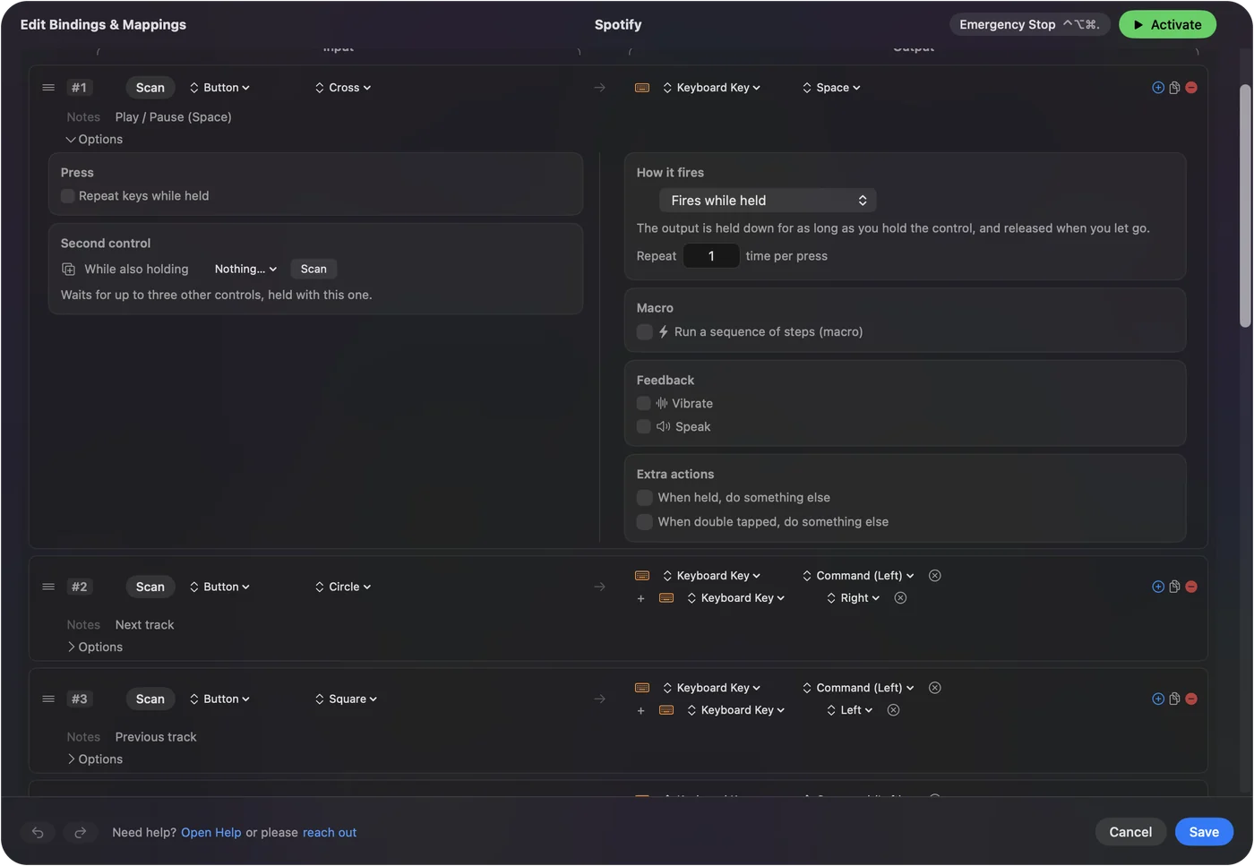 The Spotify preset in InputConfig's binding editor, showing the skip row on the right face button and its output.