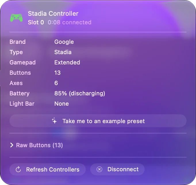 The popover for the Stadia Controller at the top of InputConfig's sidebar, listing its brand, type, buttons, axes and battery, with Refresh Controllers and Disconnect.