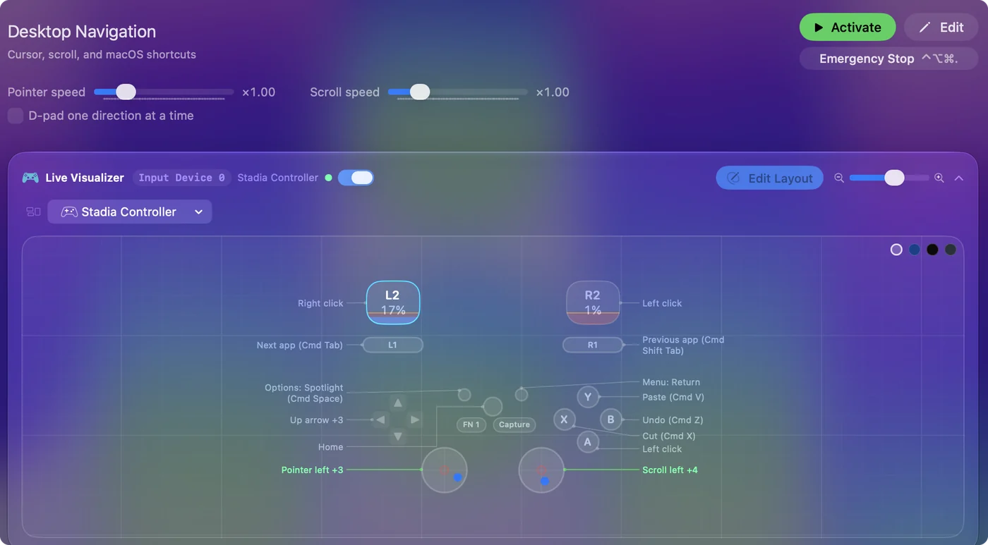 Desktop Navigation drawn on a Stadia Controller in InputConfig's Live Visualizer, with its Assistant and Capture buttons on the drawing.