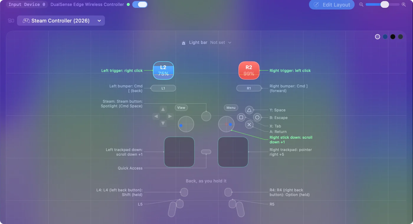 InputConfig's Live Visualizer drawing the 2026 Steam Controller, with both trackpads, the four back buttons and their bindings labeled.
