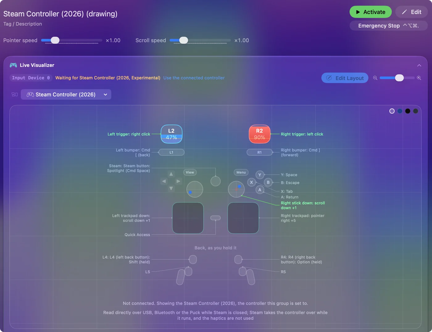 The Live Visualizer drawing the 2026 Steam Controller, with both sticks, both square trackpads and the four back buttons, and what each control does listed down both sides.