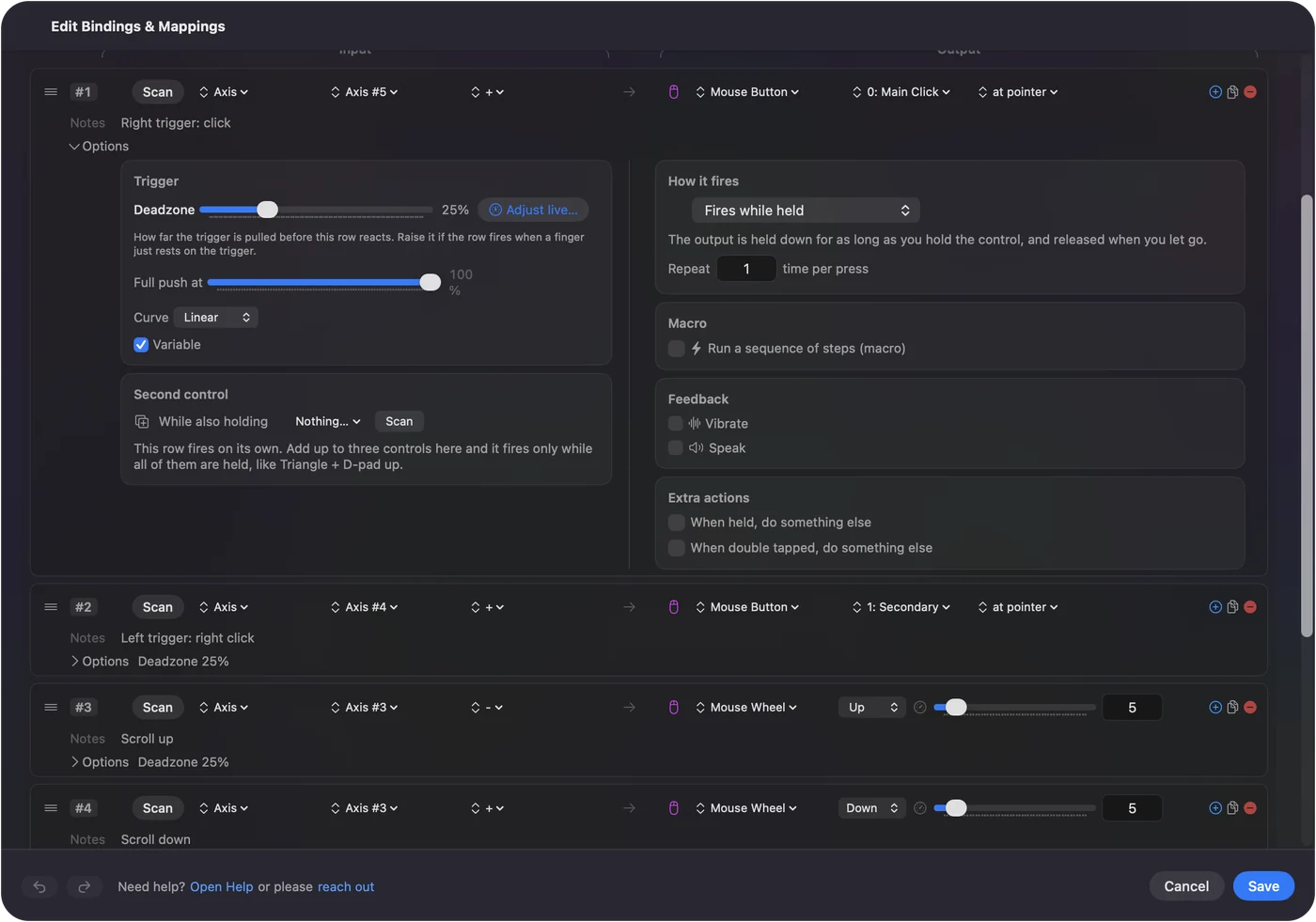 صف في محرر InputConfig وخياراته مفتوحة: صفا الزنادين يرسلان النقر الأيسر والأيمن، وصفان يرسلان التمرير لأعلى ولأسفل.