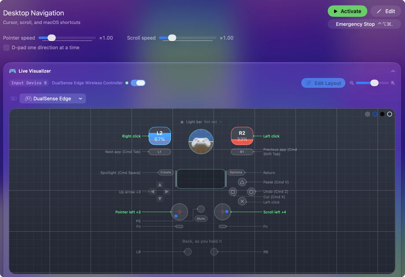Le préréglage intégré Desktop Navigation dans InputConfig, avec la touche du Live Visualizer nommant le pointeur sur le stick gauche et les clics sur les gâchettes.