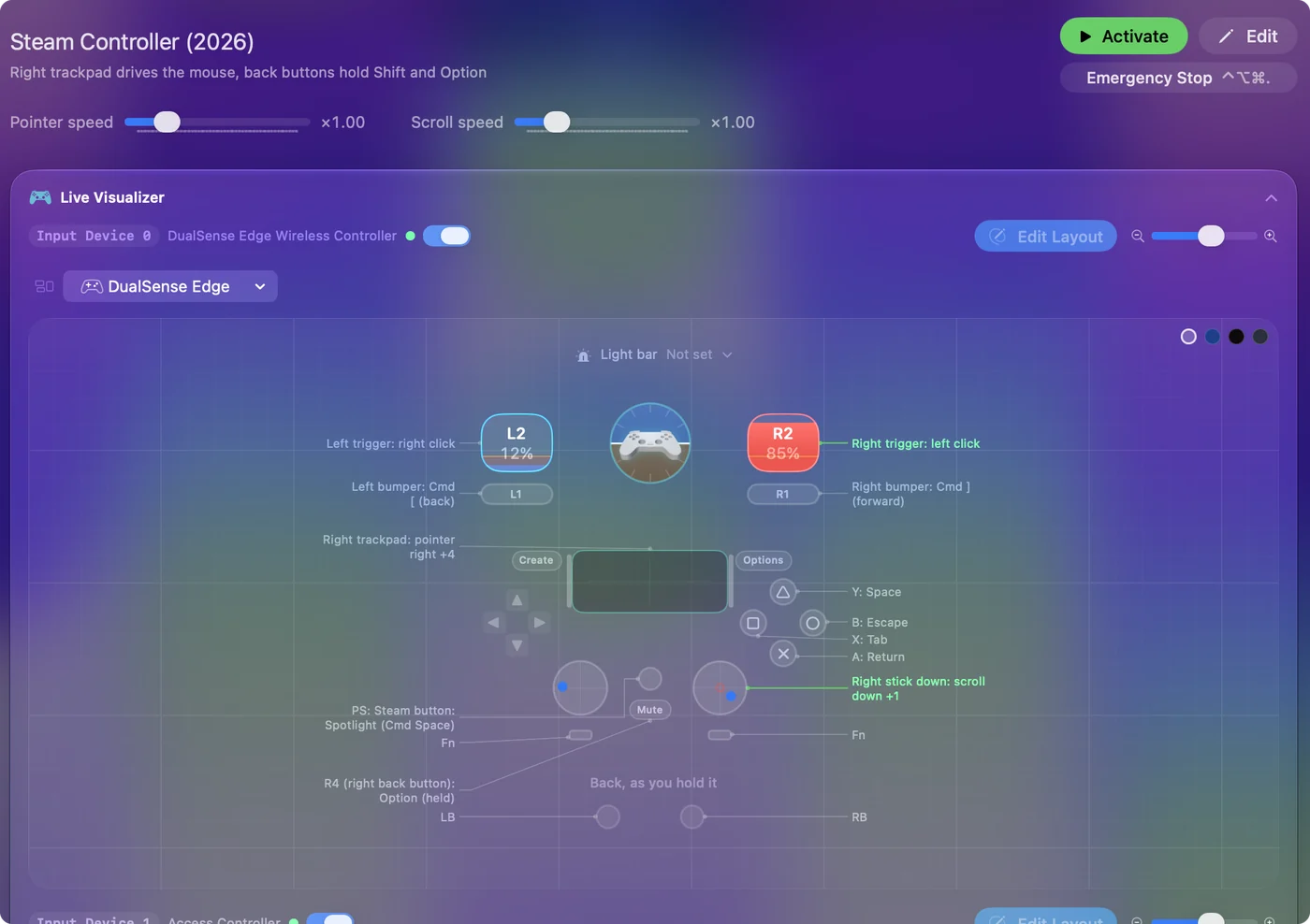 The Steam Controller (2026) preset page in InputConfig with Pointer speed and Scroll speed sliders.