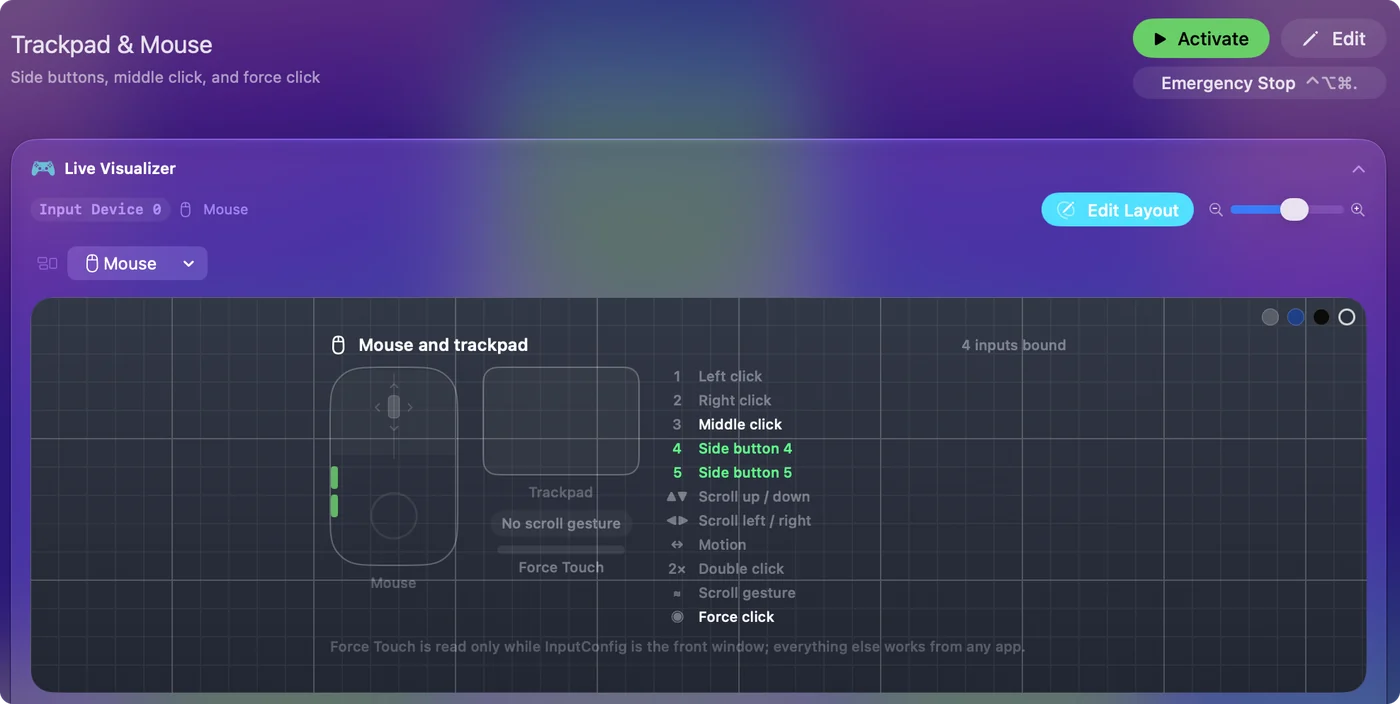 Live Visualizers Mus-kort i InputConfig med de to sideknapper tændt, der viser, at Mac'en modtager Button 4 og Button 5.