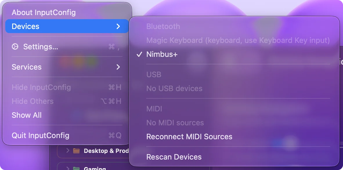Menu Devices v InputConfig s nadpisy Bluetooth, USB a MIDI, USB gamepad se zaškrtnutím a klávesnice uvedená šedě u svého druhu.