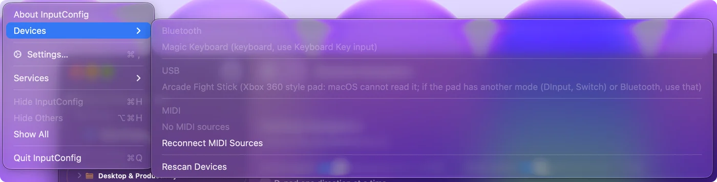 Menú Devices de InputConfig que explica que macOS no puede leer un stick en modo Xbox 360.