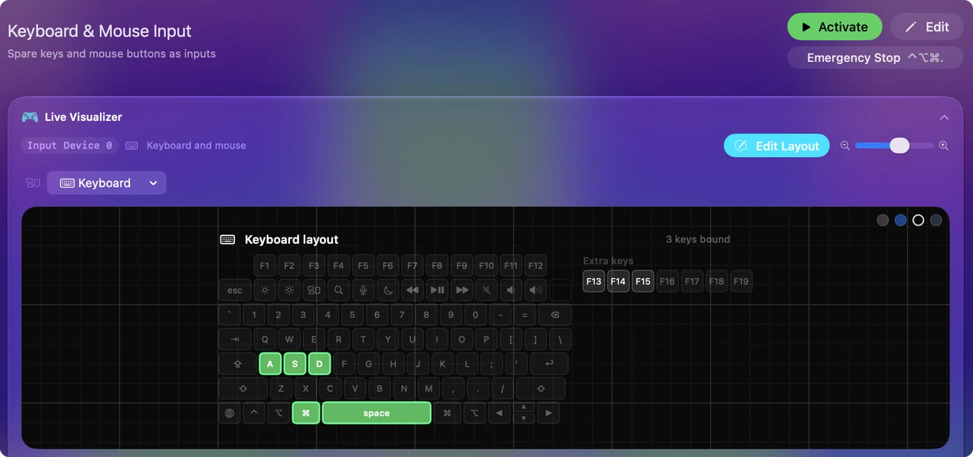 Šablona Keyboard v Live Visualizeru nakreslená jako klávesnice MacBooku, se stisknutými klávesami rozsvícenými.
