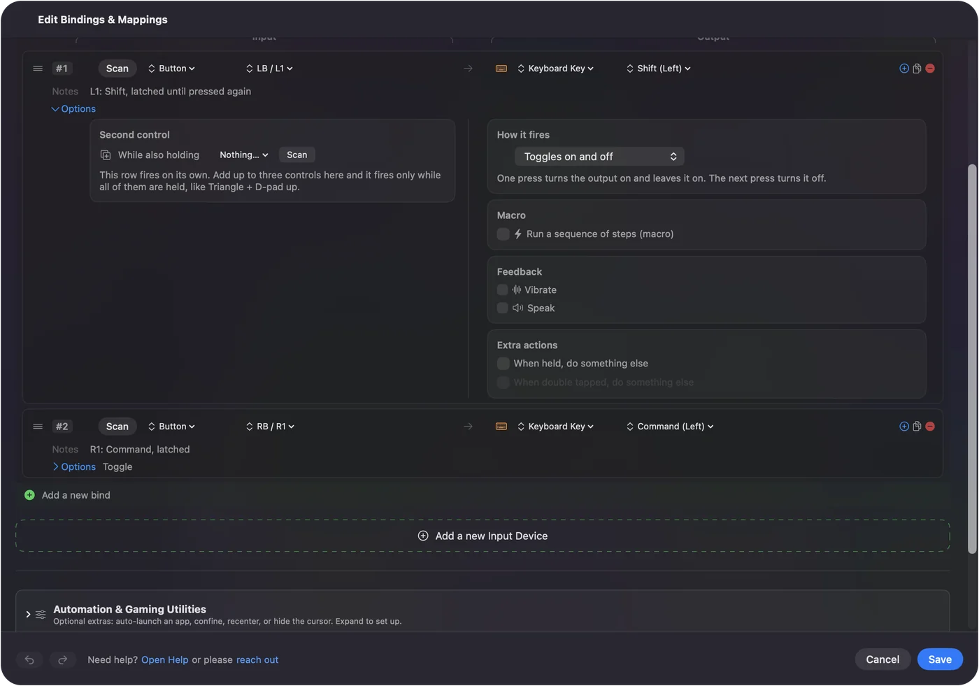 Řádek v editoru InputConfig s otevřenou položkou Options: řádky L1 a R1 posílají Shift a Command, každý nastavený na Toggles on and off.