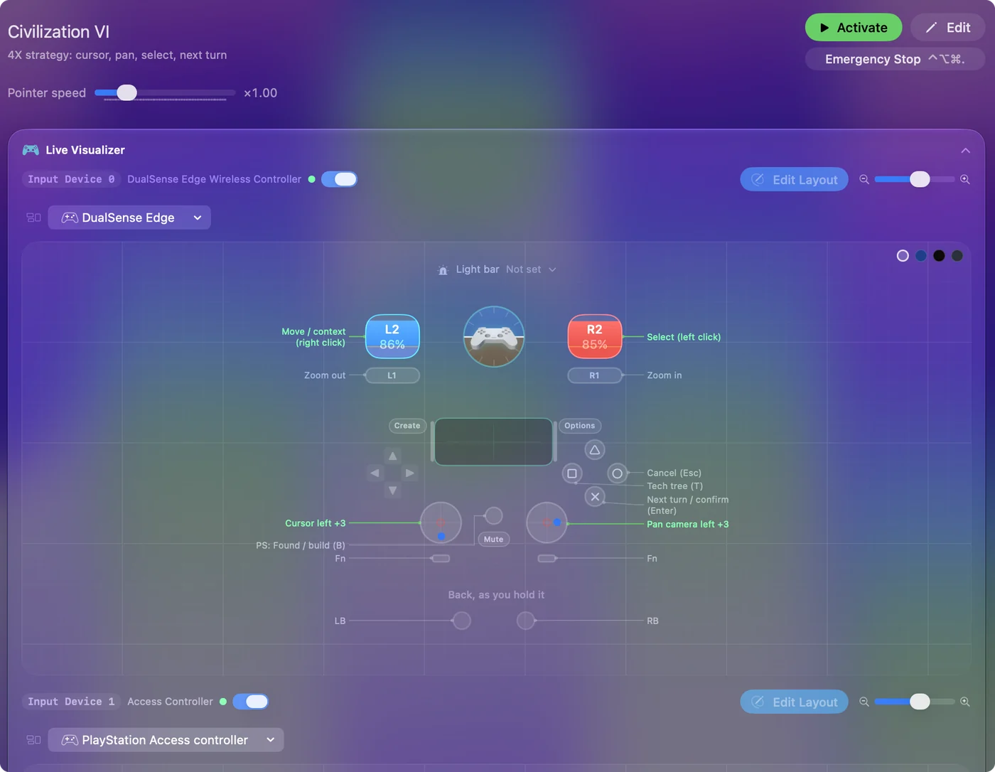 Preset game strategi di InputConfig, dengan label Live Visualizer yang menyebut penunjuk di stik kiri, kamera di stik kanan dan klik di pemicu.