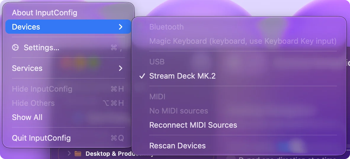 Das Geräte-Menü von InputConfig mit einem Stream Deck, das unter USB angehakt ist.