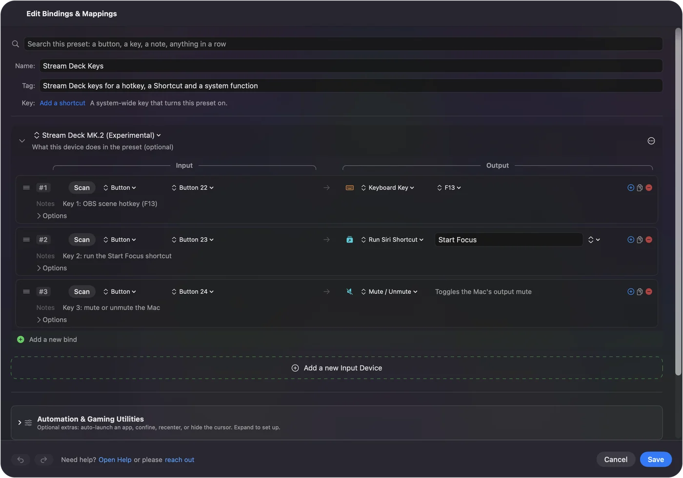 Der Editor von InputConfig mit Stream-Deck-Tasten, die auf ein Tastenkürzel, einen Siri-Kurzbefehl und eine Systemfunktion belegt sind.