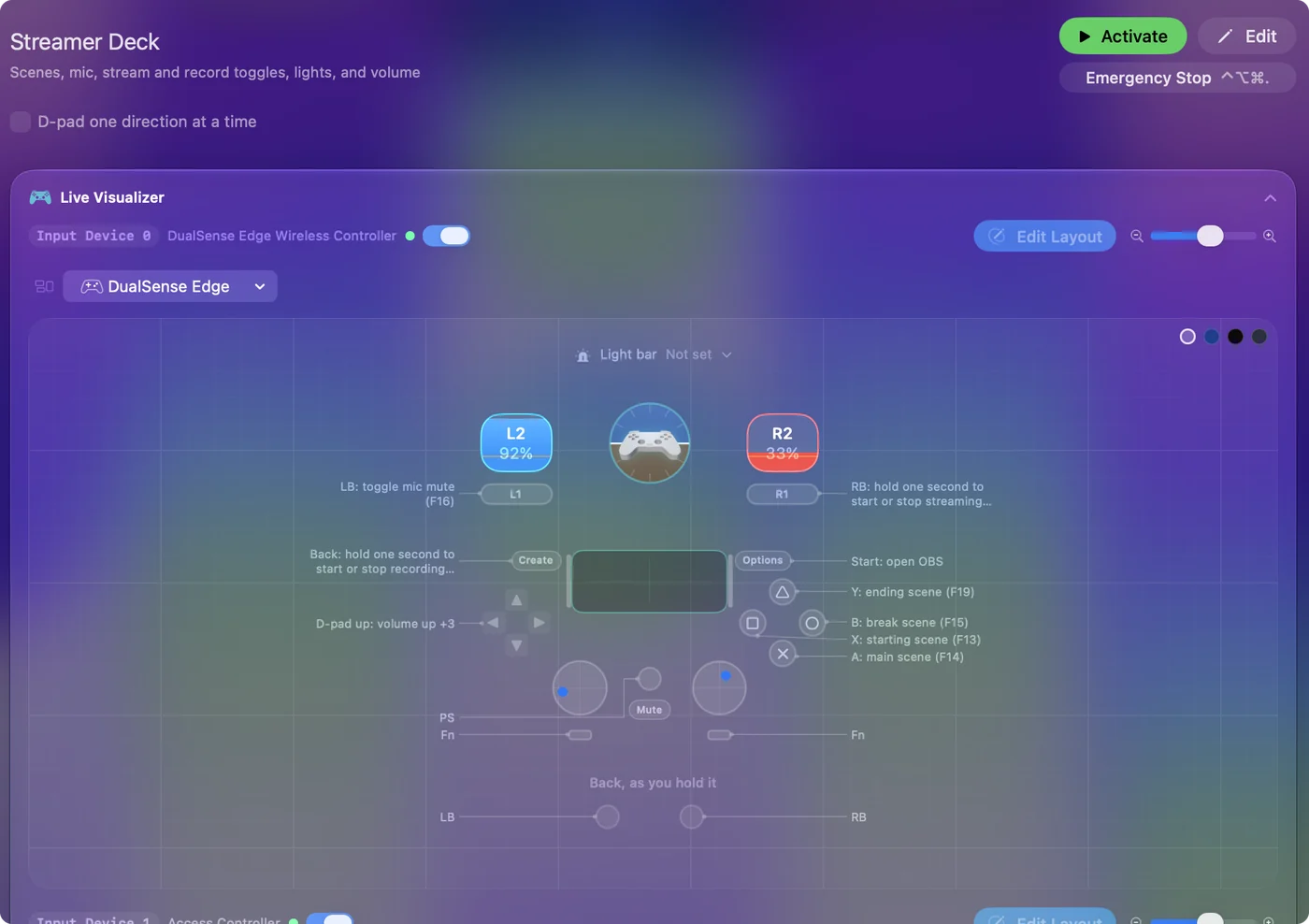 Streamer Deck 預設集頁面，在 Live Visualizer 的圖例中顯示每個按鈕的 F13 到 F19 快速鍵和念出的短語。