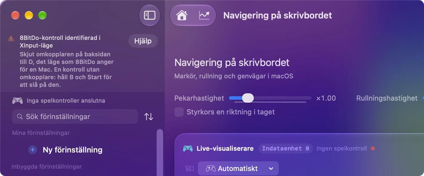 InputConfigs huvudfönster med en notis som säger att en 8BitDo-kontroll hittades i X-läge, och det läge som ska användas för den modellen.