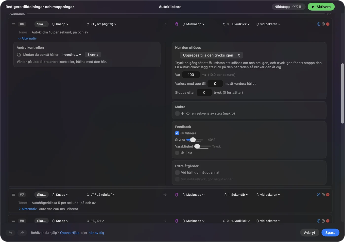 Den högra avtryckarraden i förinställningen Auto Clicker med alternativen öppna: en inställning för när klicken görs, ett mellanrum på 100 ms med takten 10.0 per sekund bredvid, slumpmässig variation 0 och stopp efter 0.