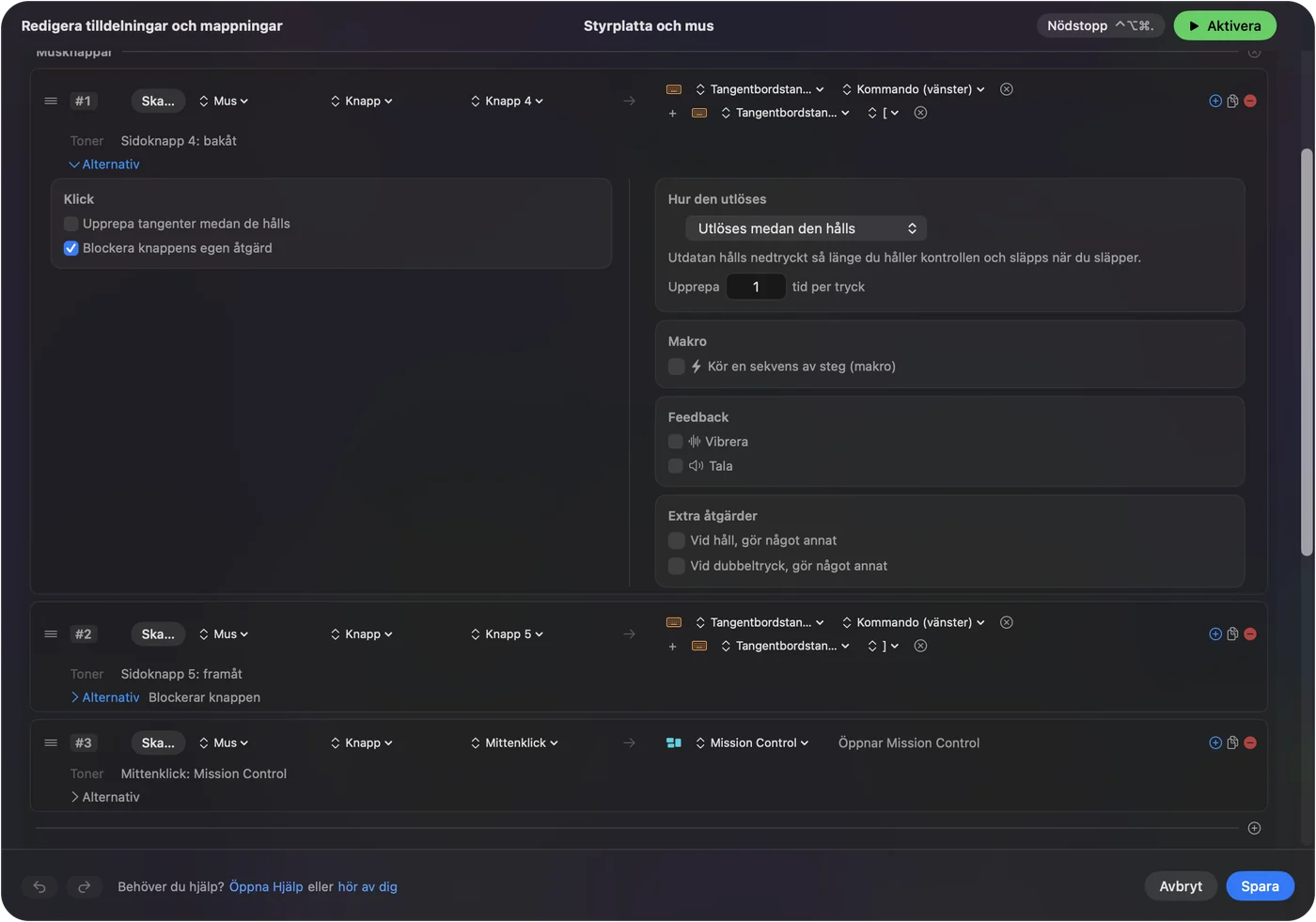 Rad för en mus sidoknapp med blockering av knappens egen åtgärd påslagen.