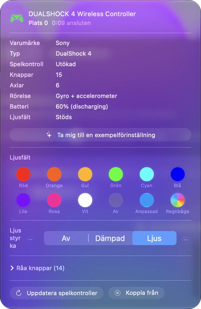InputConfigs popover för en DualShock 4 med dess batterinivå och färgen på ljusfältet.