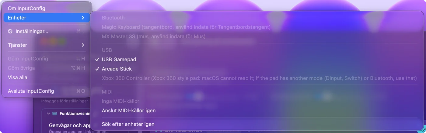 InputConfigs meny Devices med Bluetooth- och USB-enheter, med bockar på de enheter InputConfig läser och en gråtonad post.