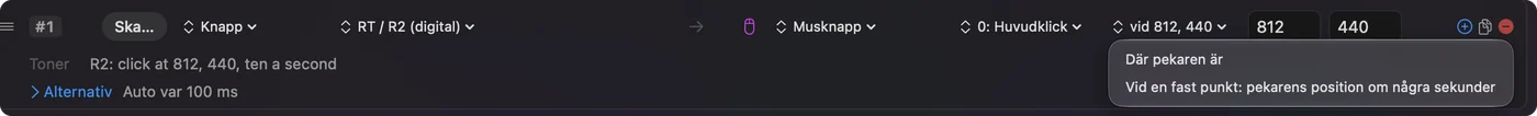 Menyn bredvid ett klick i InputConfigs redigerare, öppen med alternativen för pekarens nuvarande läge och för en fast punkt.