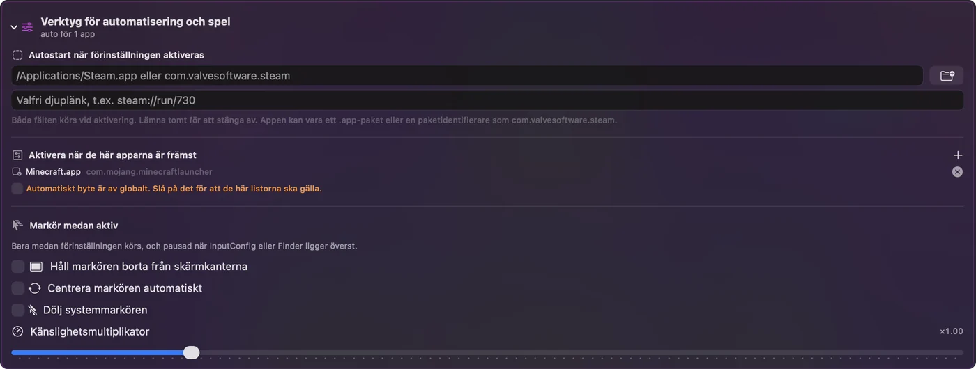 Avsnittet Automation and Gaming Utilities i en kopia av förinställningen Auto Clicker, med en app listad under Activate när appen är överst.