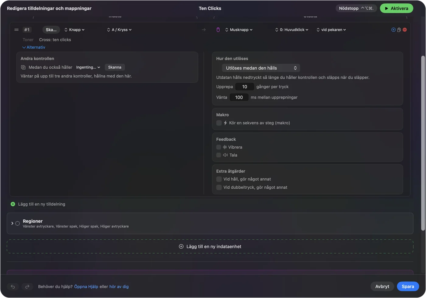 Alternativen för en klickrad i InputConfig som står på Fires while held, med Repeat inställd på 10 gånger per tryck och Wait 100 ms mellan upprepningarna.