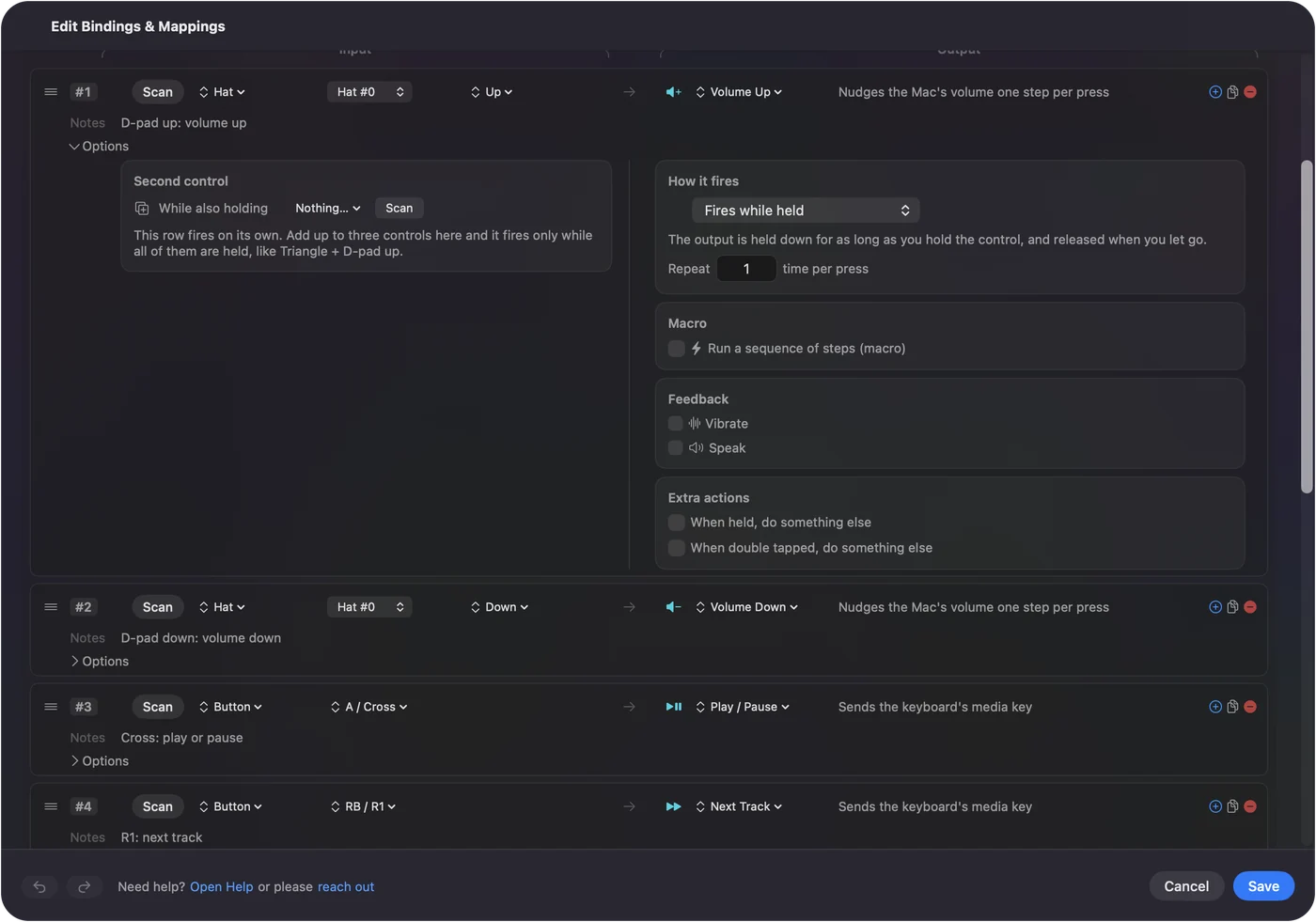 InputConfig's editor with controller rows sending system functions: volume, play or pause, next and previous track, brightness, Spotlight and a screenshot.