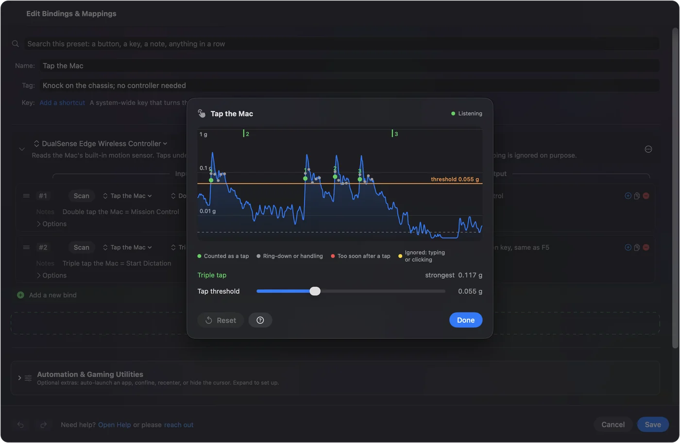InputConfigs ark Calibrate Taps med statuschippen Listening, et fire sekunders spor af tapstyrke med tærskellinjen og to grønne tap.