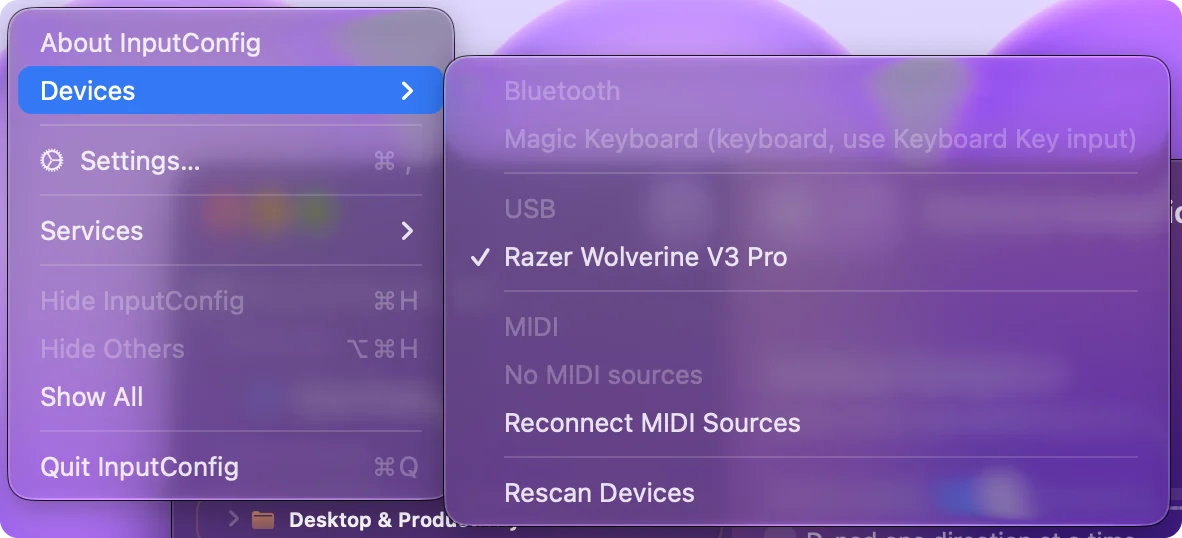 Menu Devices v InputConfig s nadpisy Bluetooth, USB a MIDI, USB gamepad se zaškrtnutím a klávesnice uvedená šedě u svého druhu.