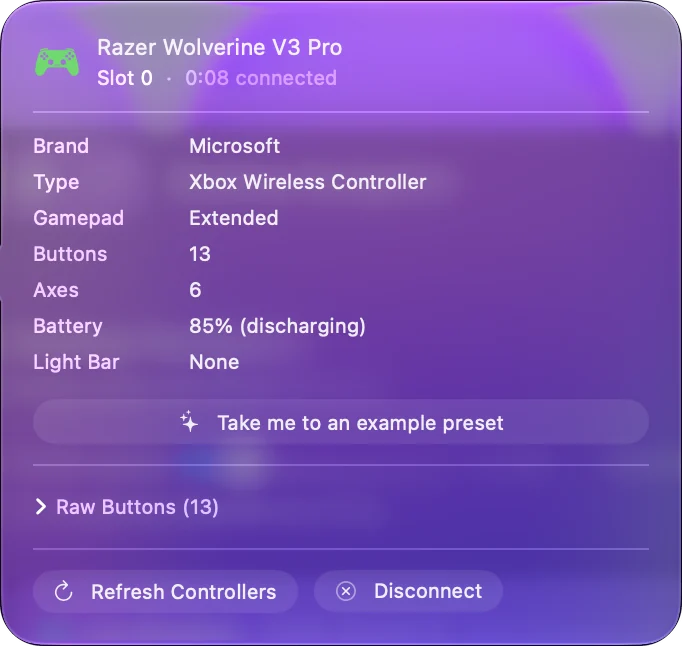 Vyskakovací okno pro Razer Wolverine V3 Pro nahoře v postranním panelu InputConfig, které uvádí značku, typ, tlačítka, osy a baterii, s tlačítky Refresh Controllers a Disconnect.
