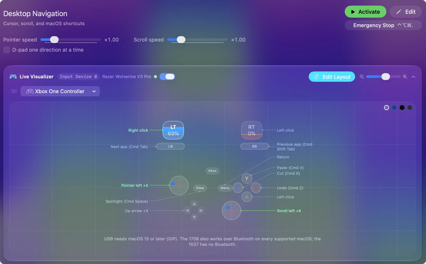 Live Visualizer v InputConfig s předvolbou Desktop Navigation a připojeným Razer Wolverine V3 Pro, jehož stisknutá tlačítka svítí.