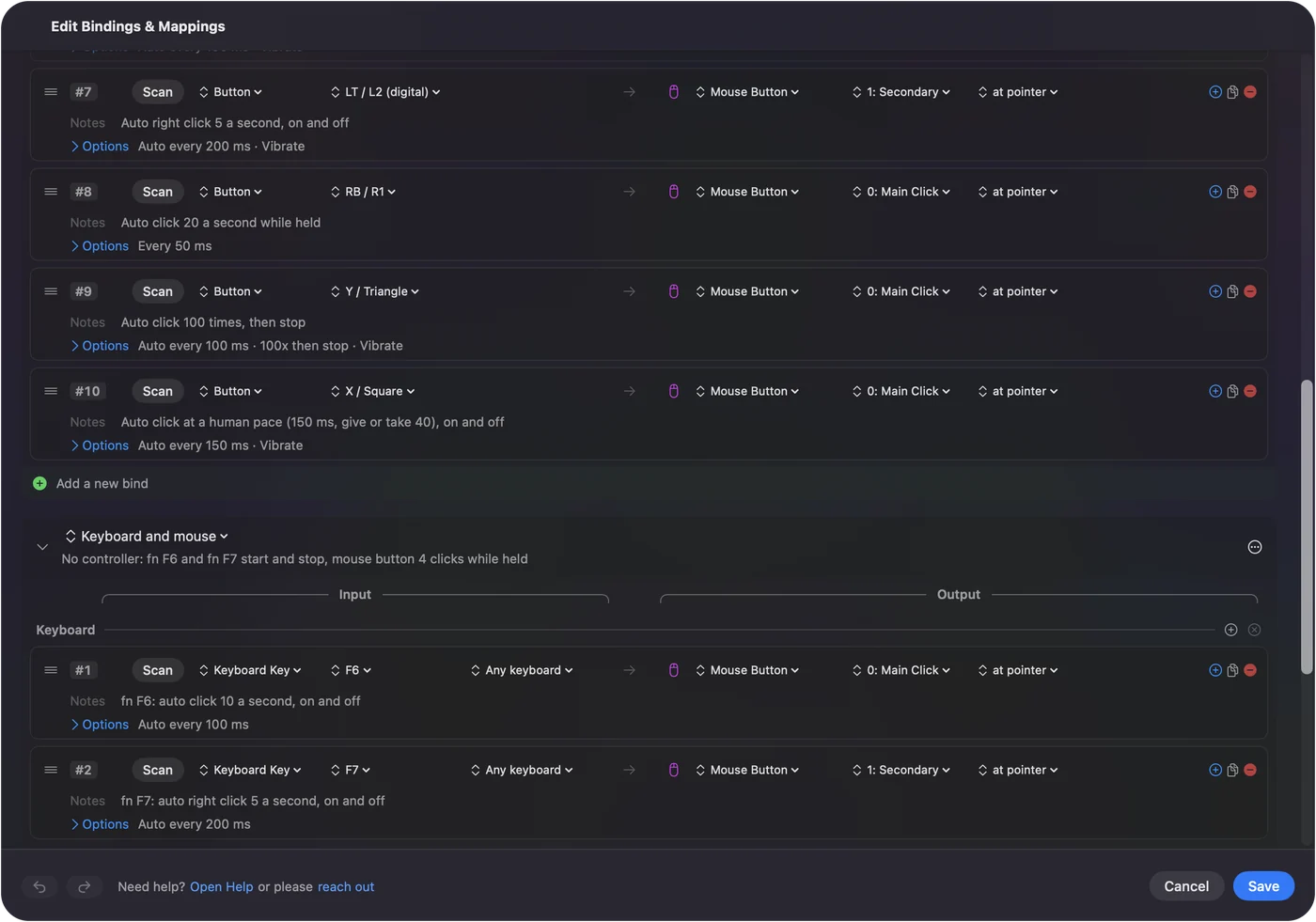 A row in the InputConfig editor with a Mouse Button output set to 1: Secondary and How it fires set to Toggles on and off.