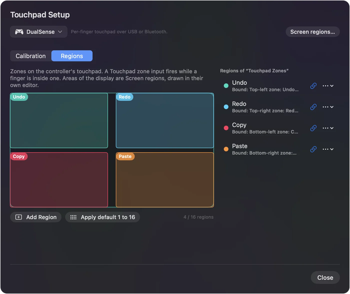 InputConfig's Touchpad Setup sheet on the Regions tab, with four colored zones drawn on the PS5 touchpad and the Add Region and Apply default 1 to 16 buttons.