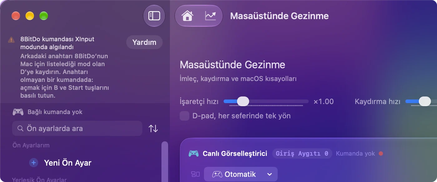 InputConfig’in ana penceresi, bir 8BitDo kumandasının X modunda algılandığını ve o model için kullanılacak modu söyleyen bir notla.