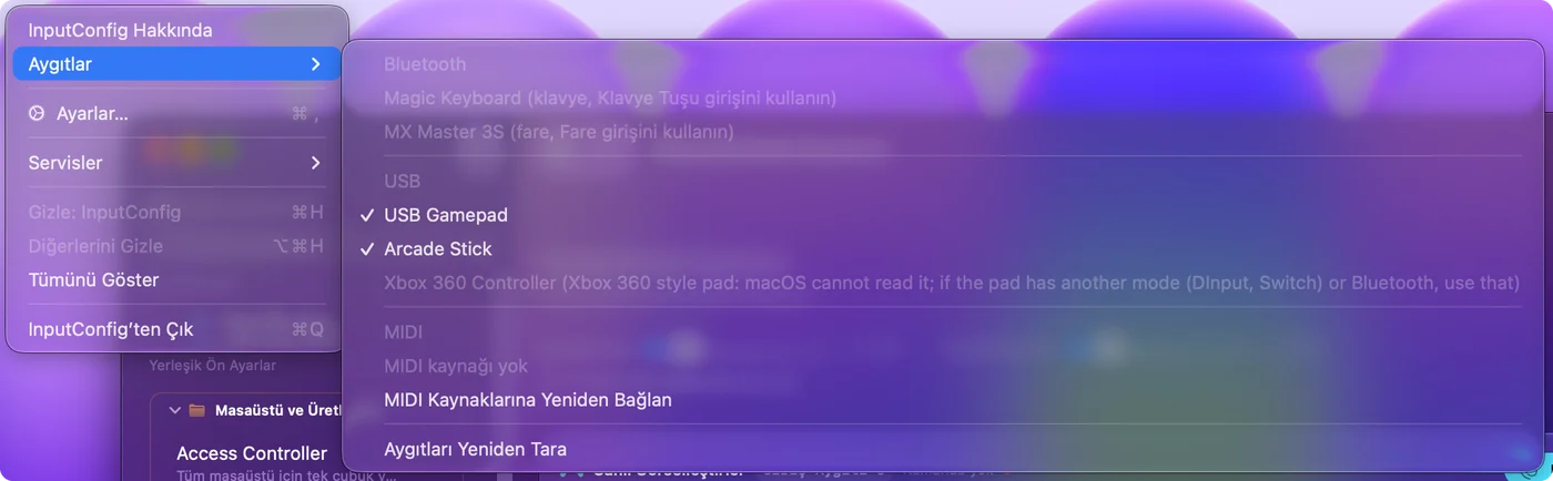 InputConfig Devices menüsü; Bluetooth ve USB aygıtlarını listeler. InputConfig’in okuduklarında işaret, bir gri girdi ise nedenini gösterir.
