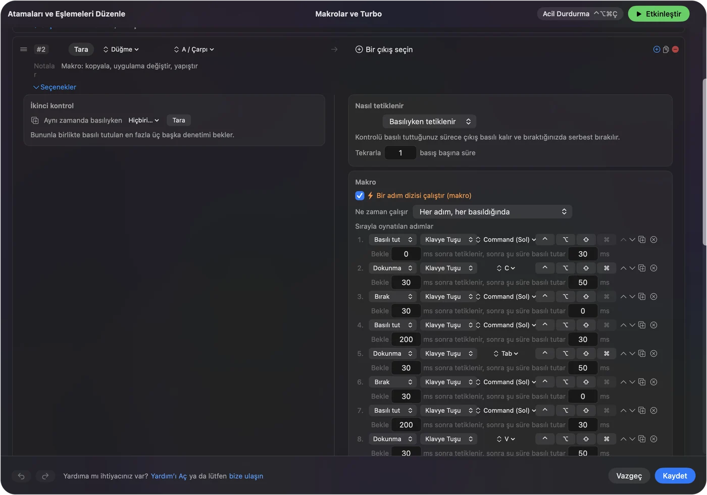 InputConfig’in makro düzenleyicisi; Run a sequence of steps işaretli ve Command tutan, bir harfe dokunan, Command’ı bırakan ve adımlar arasında bekleyen numaralı adımlar.