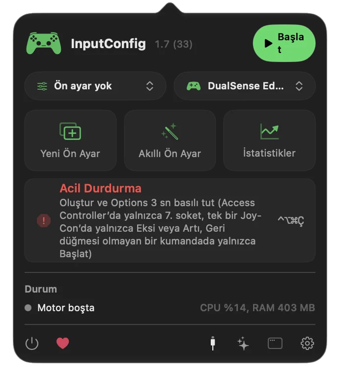 InputConfig menü çubuğu penceresinde kırmızı Emergency Stop düğmesi, altında listelenen kumanda basılı tutma ve sağda klavye kombinasyonu.