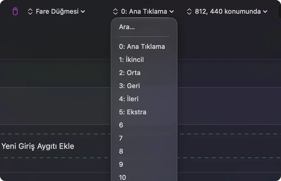 InputConfig’te bir fare satırının çıkış menüsü.