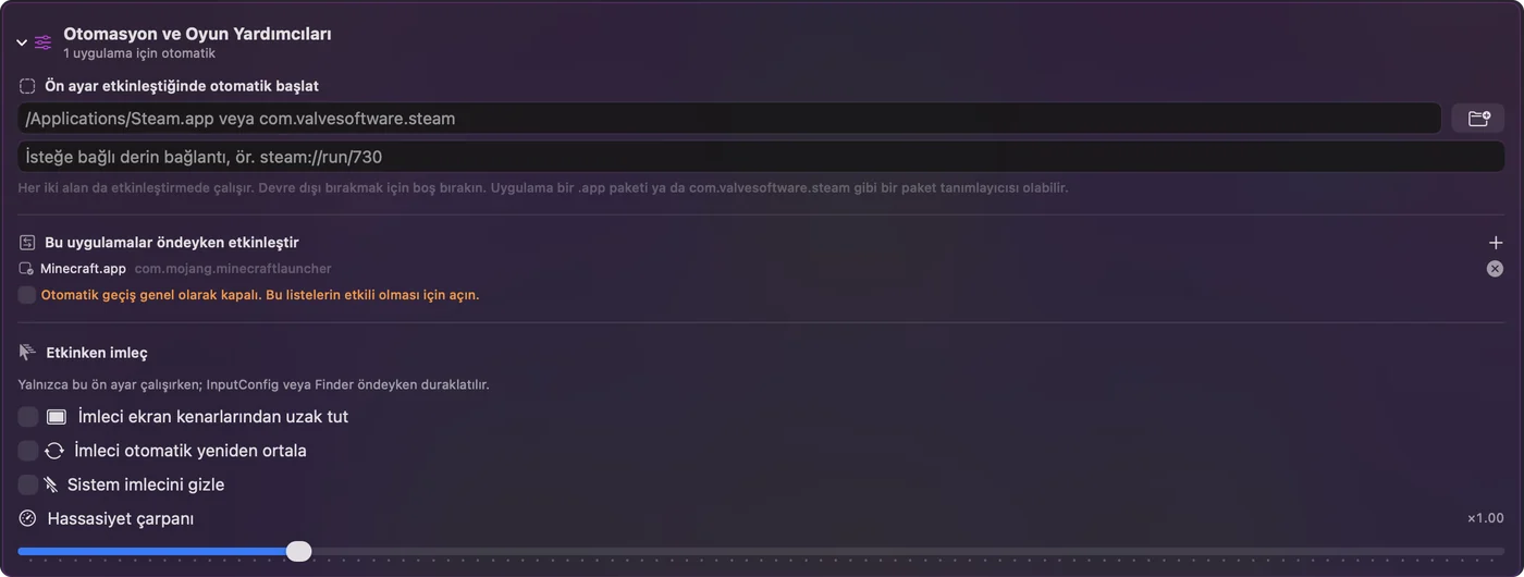 Auto Clicker ön ayarının bir kopyasında Automation and Gaming Utilities bölümü, Activate when these apps are in front altında bir uygulama listeli.