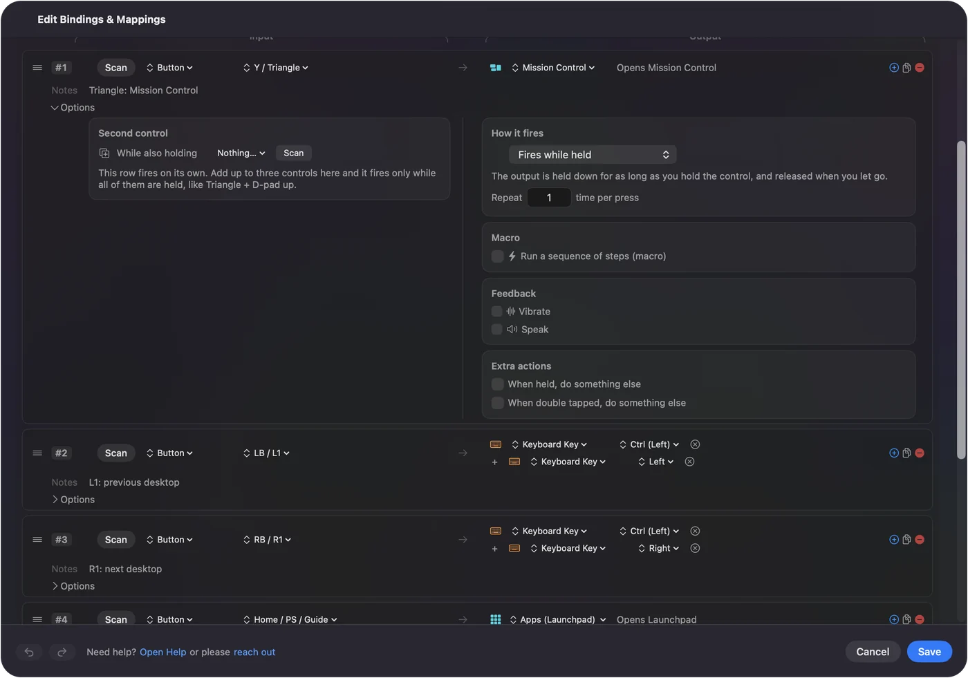Řádek v editoru InputConfig s otevřenými Možnostmi: řádky ovladače, které otevírají Mission Control, přepínají na předchozí a další plochu a otevírají Launchpad.